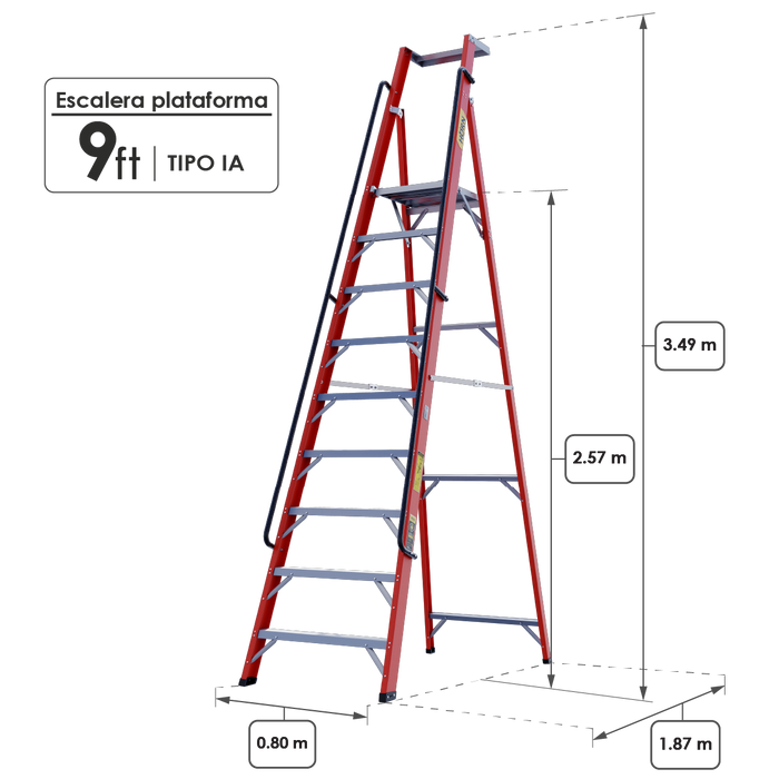 Escalera dieléctrica tipo Plataforma 9 Pasos / 2.57 Metros - Tipo IA