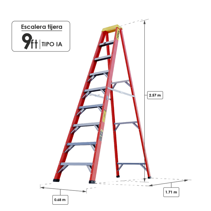 Escalera dieléctrica tipo Tijera 9 Pasos / 2.57 Metros - Tipo IA Logrado