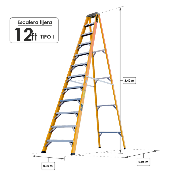 Escalera dieléctrica tipo Tijera 12 Pasos / 3.42 Metros - Tipo I