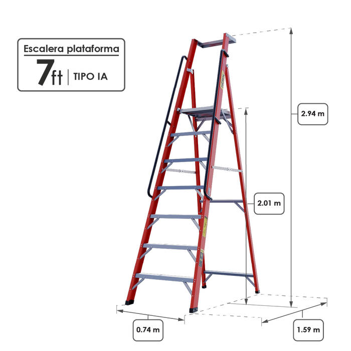 Escalera dieléctrica tipo Plataforma 7 Pasos / 2.01 Metros - Tipo IA