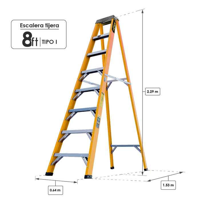Escalera dieléctrica tipo Tijera 8 Pasos / 2.29 Metros - Tipo I